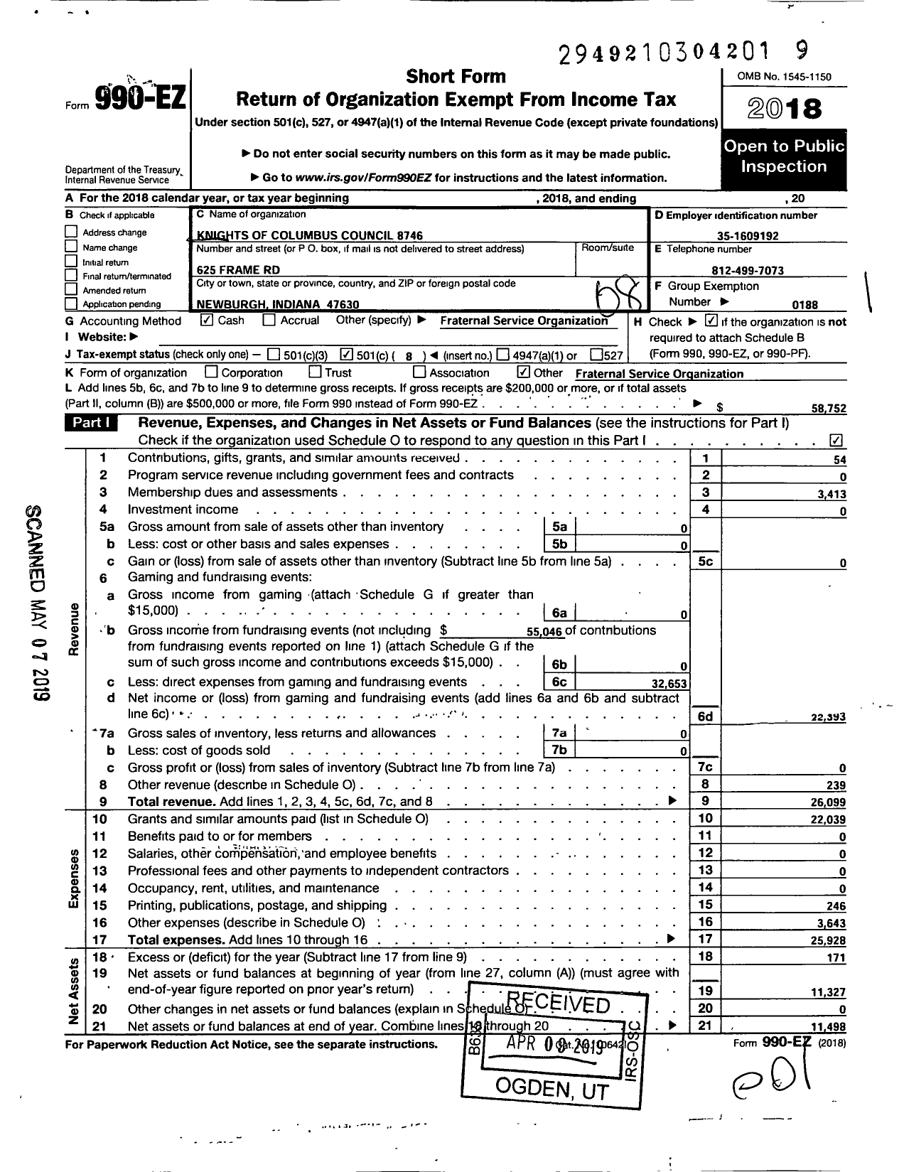 Image of first page of 2018 Form 990EO for Knights of Columbus - 8746 Newburgh Co Council