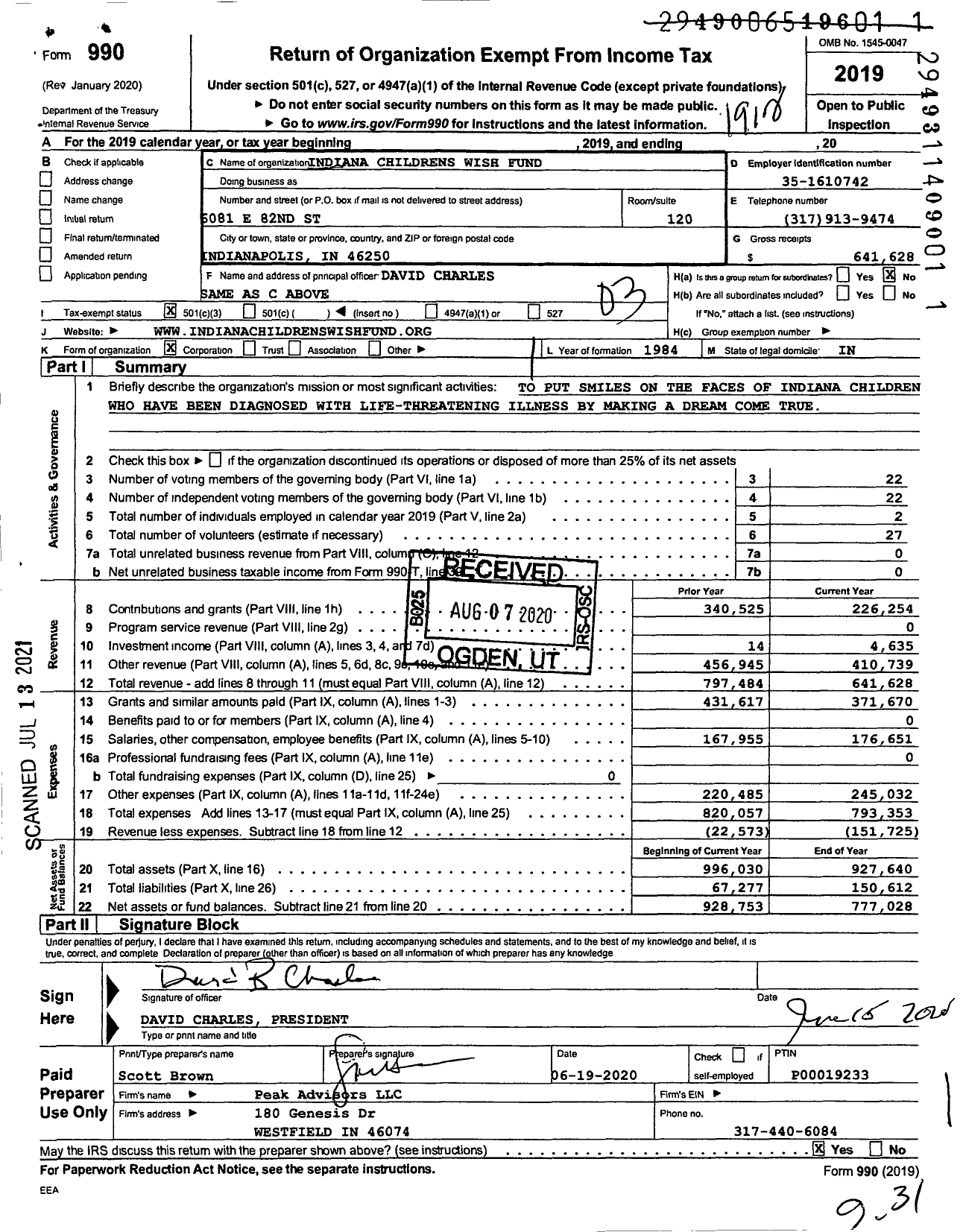 Image of first page of 2019 Form 990 for Indiana Wish