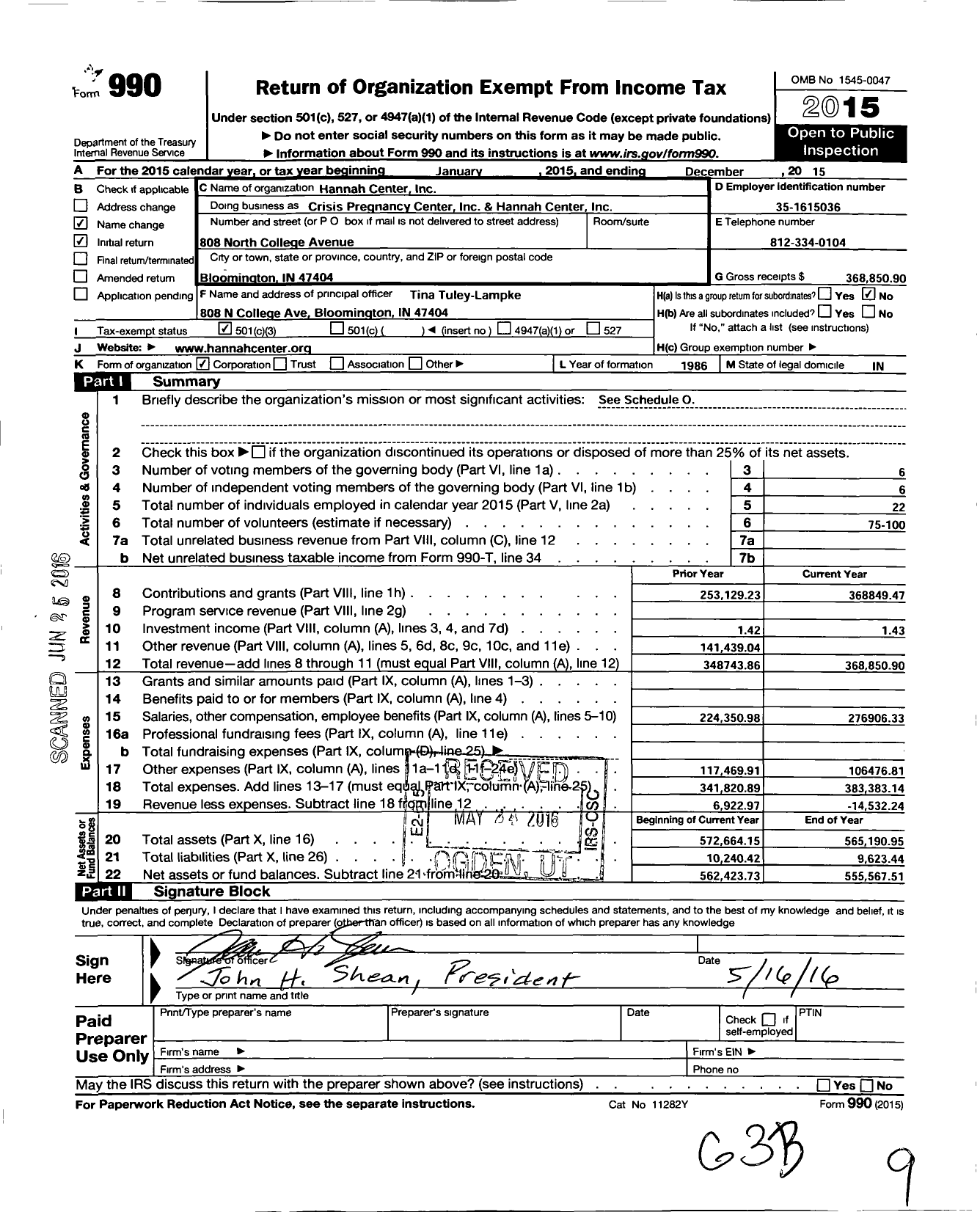 Image of first page of 2015 Form 990 for Crisis Pregnancy Center of Bloomington