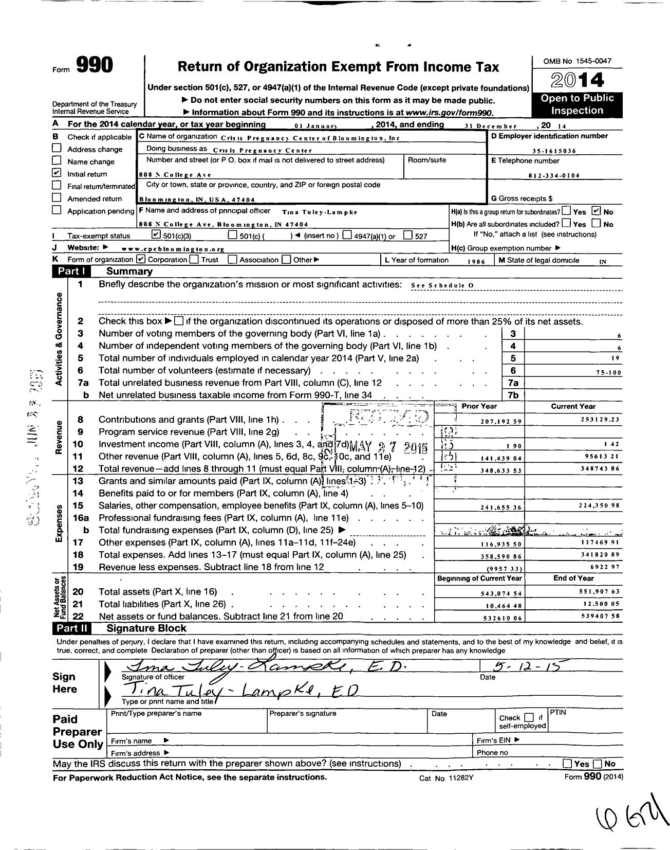 Image of first page of 2014 Form 990 for Crisis Pregnancy Center of Bloomington