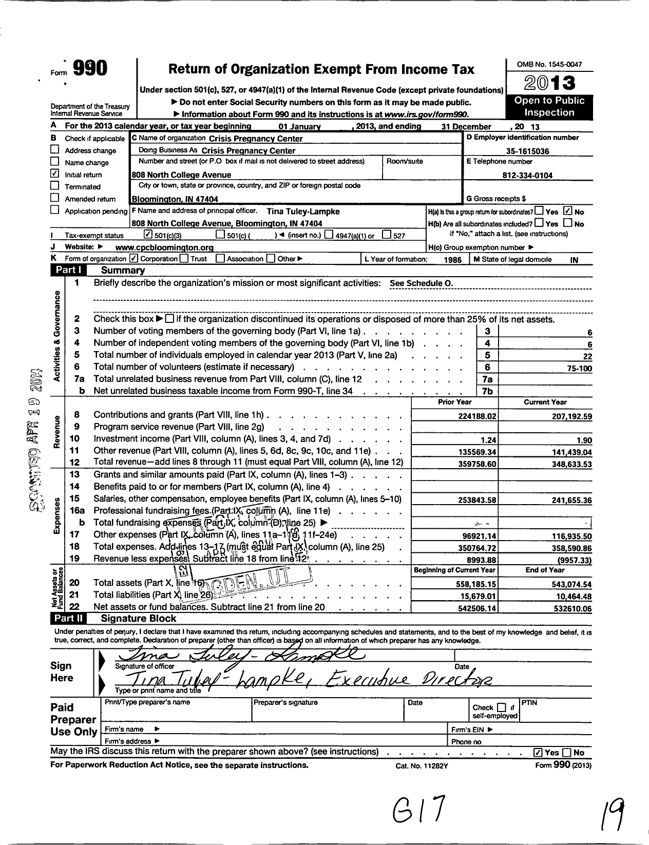 Image of first page of 2013 Form 990 for Crisis Pregnancy Center of Bloomington