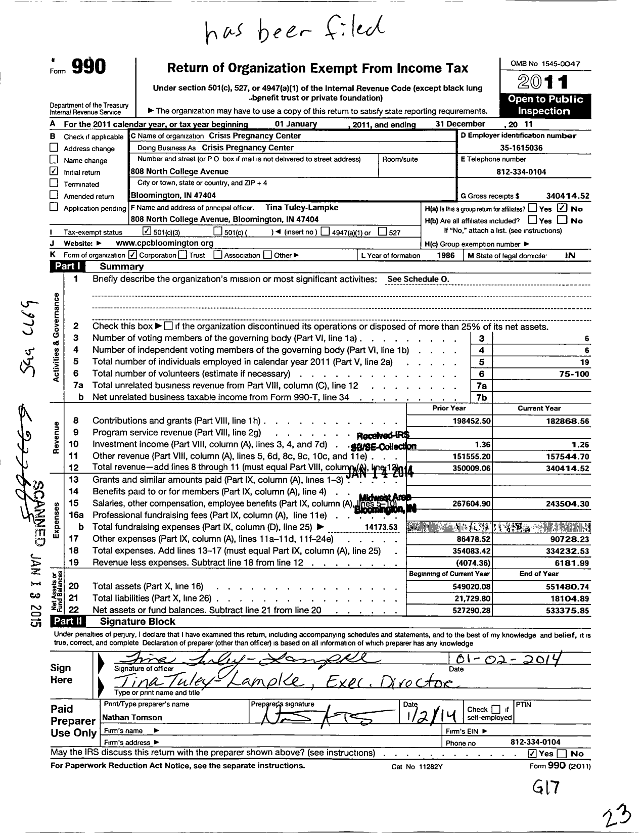 Image of first page of 2011 Form 990 for Crisis Pregnancy Center of Bloomington