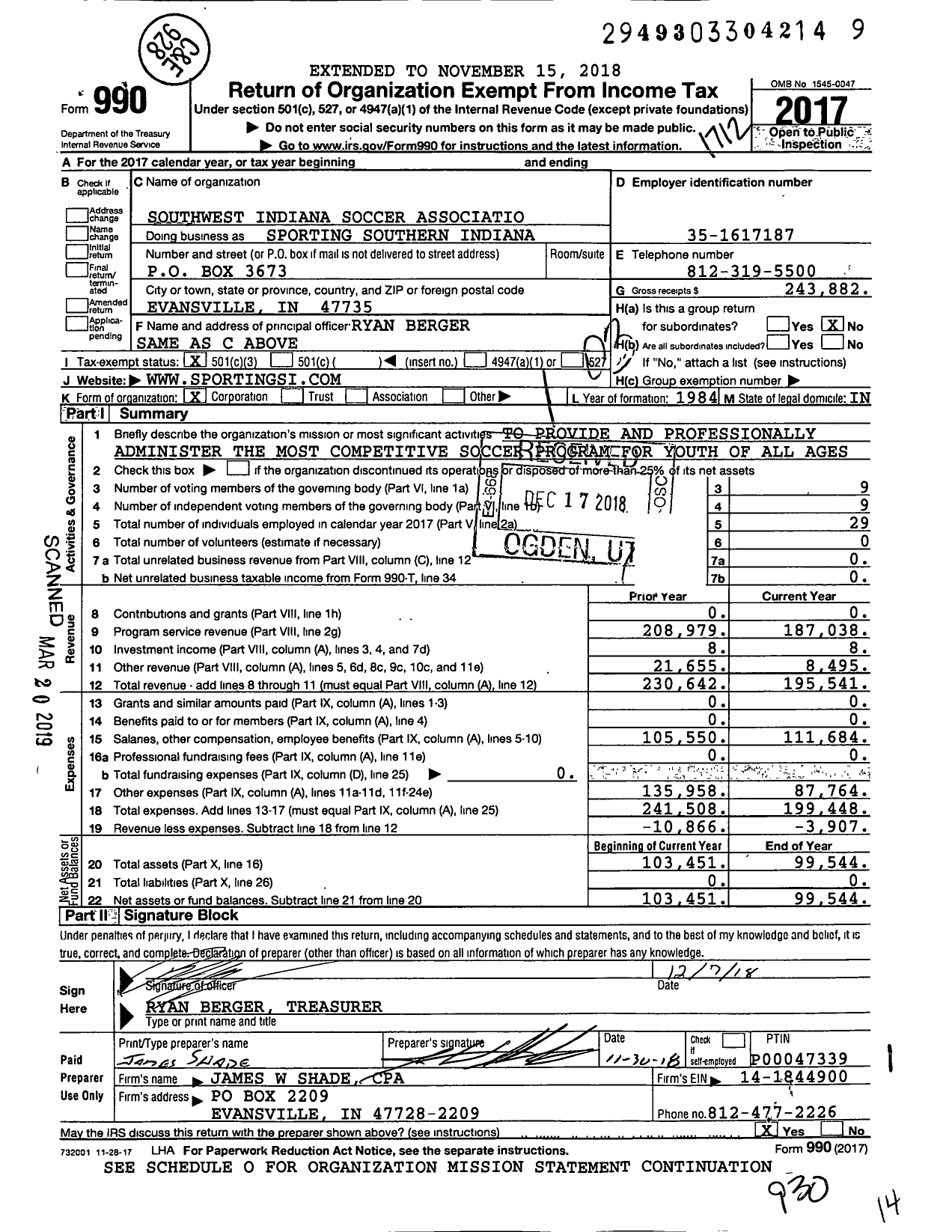 Image of first page of 2017 Form 990 for Sporting Southern Indiana