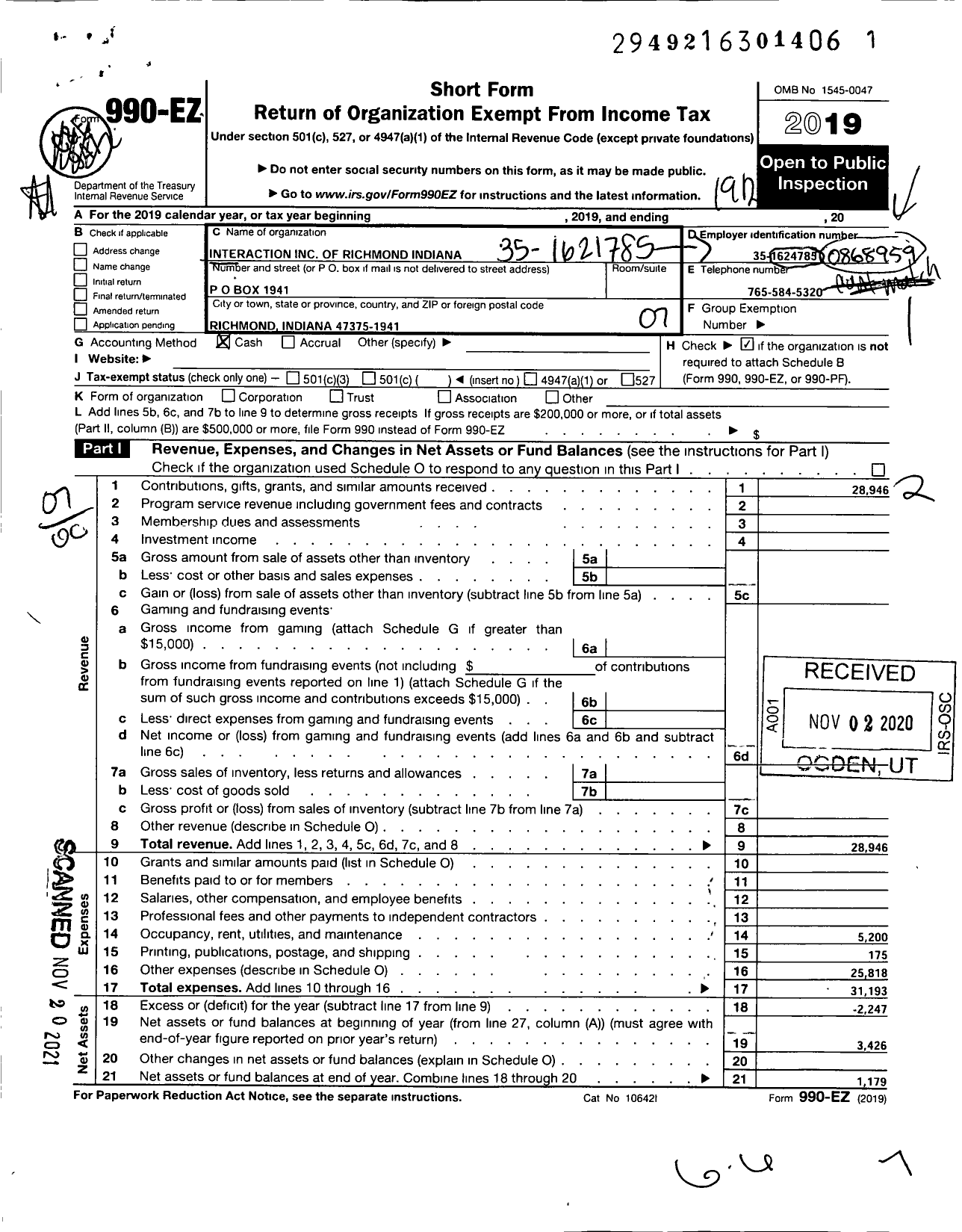 Image of first page of 2019 Form 990EO for Interaction of Richmond Indiana