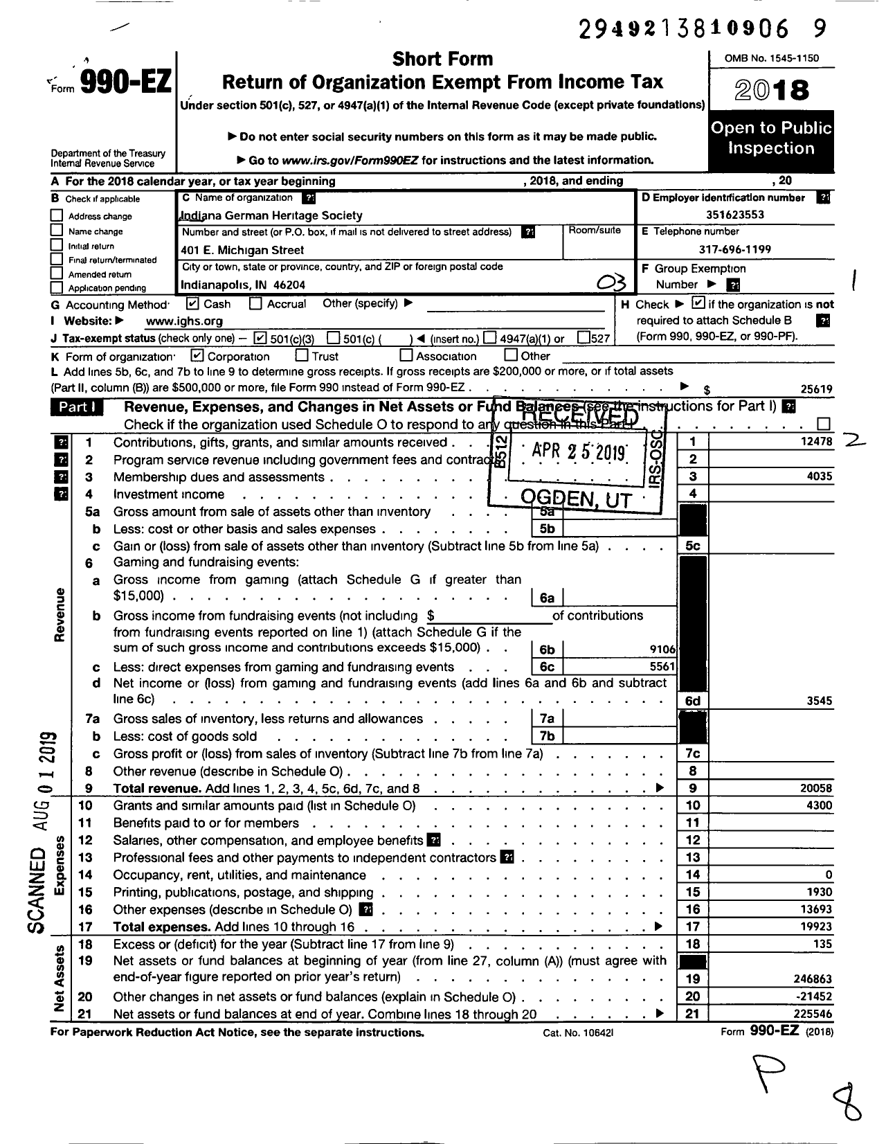 Image of first page of 2018 Form 990EZ for Indiana German Heritage Society