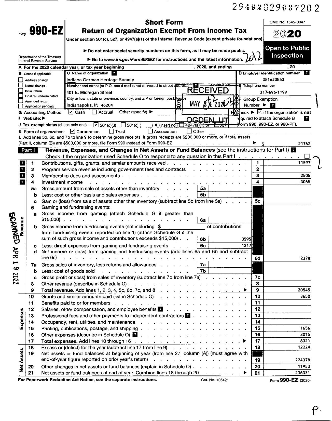 Image of first page of 2020 Form 990EZ for Indiana German Heritage Society