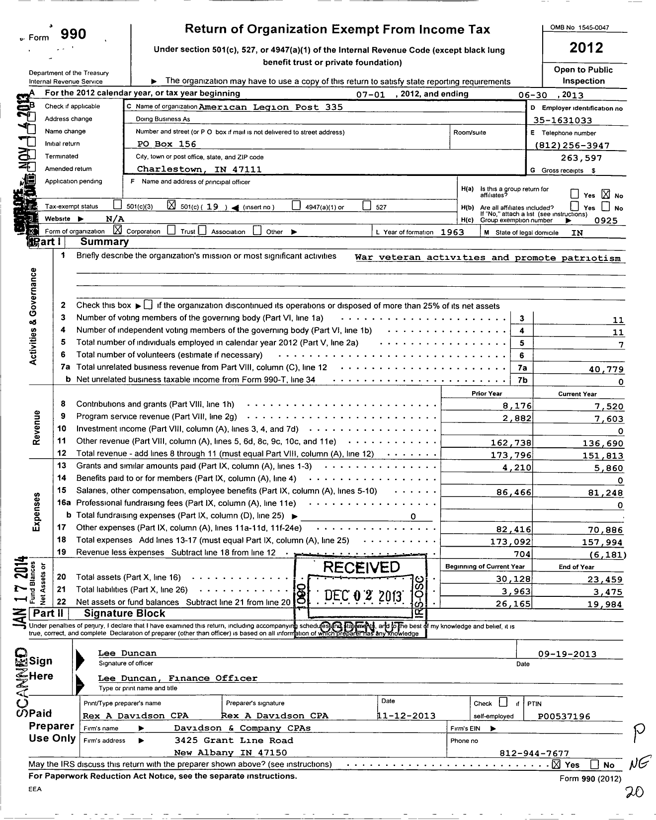 Image of first page of 2012 Form 990O for American Legion Post 335