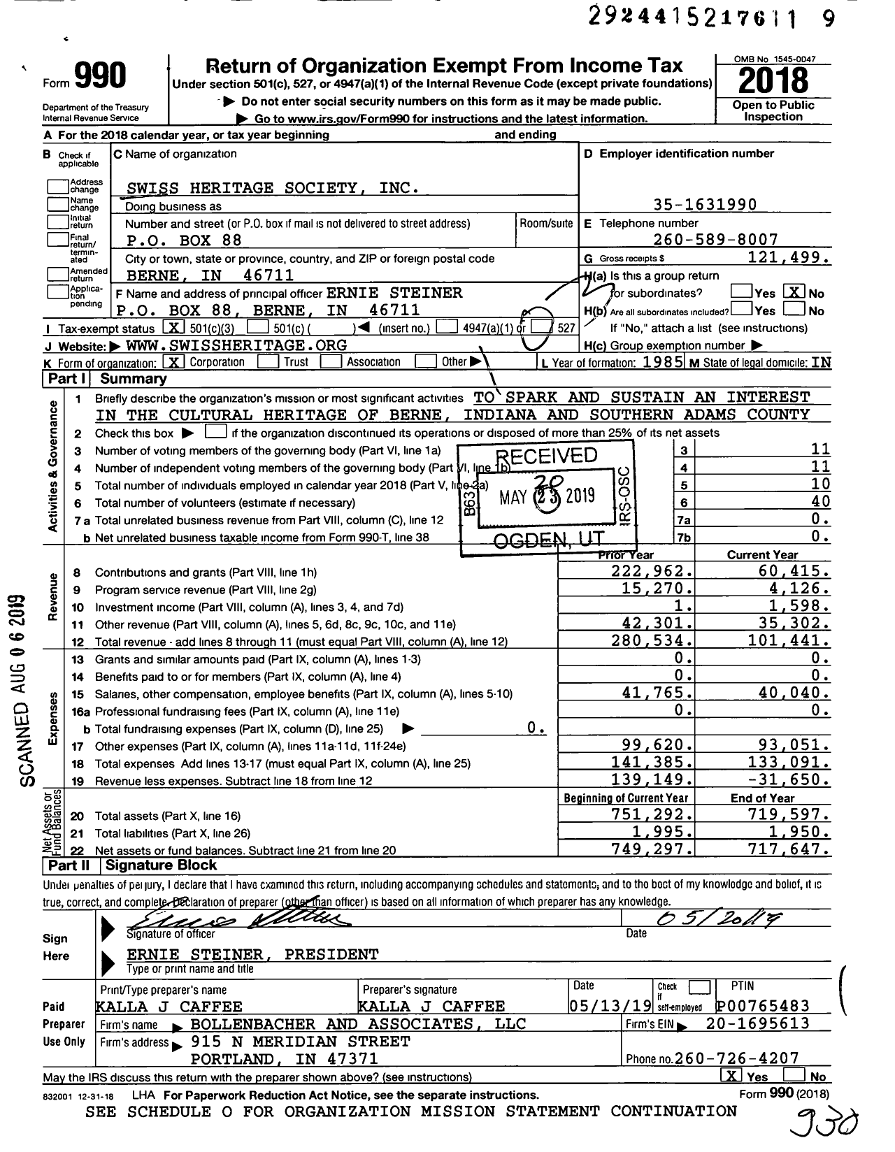 Image of first page of 2018 Form 990 for Swiss Heritage Society