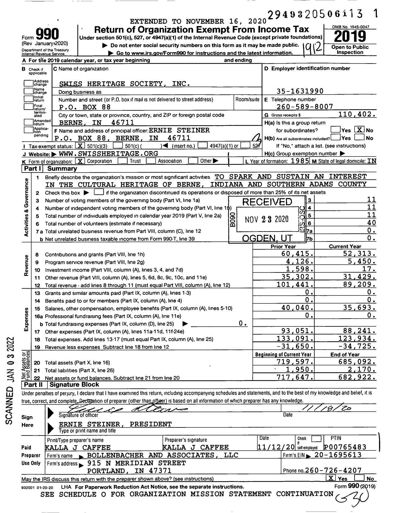 Image of first page of 2019 Form 990 for Swiss Heritage Society