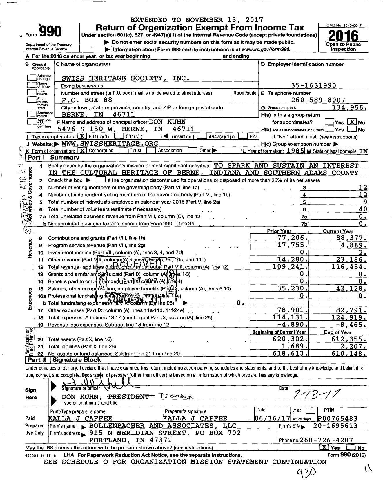 Image of first page of 2016 Form 990 for Swiss Heritage Society