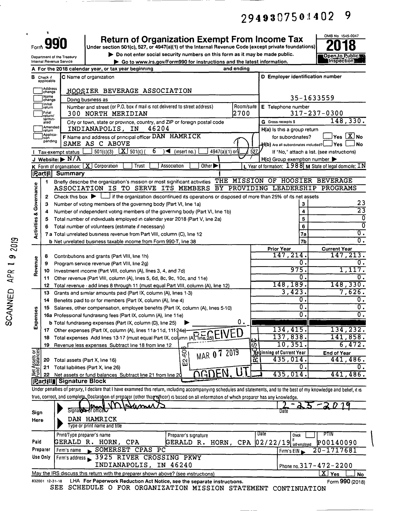 Image of first page of 2018 Form 990O for Hoosier Beverage Association