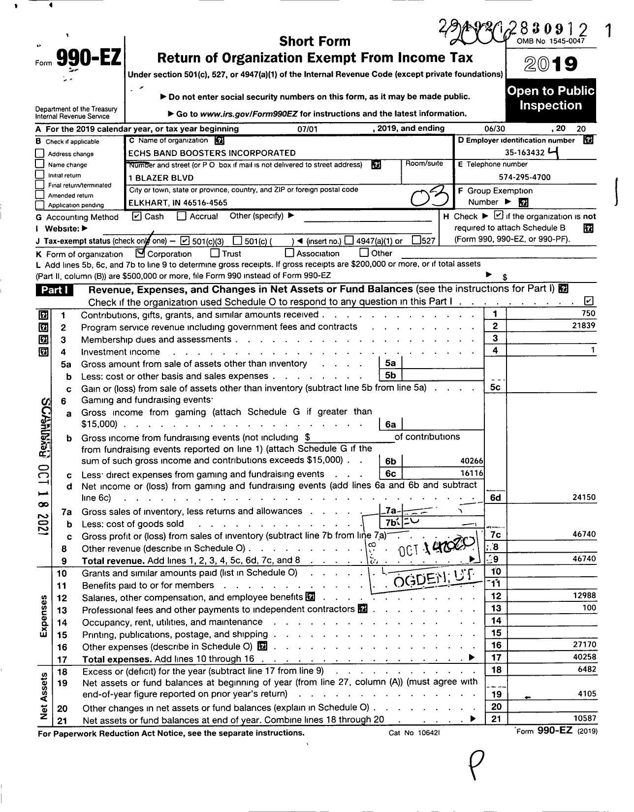 Image of first page of 2019 Form 990EZ for Echs Band Boosters Incorporated