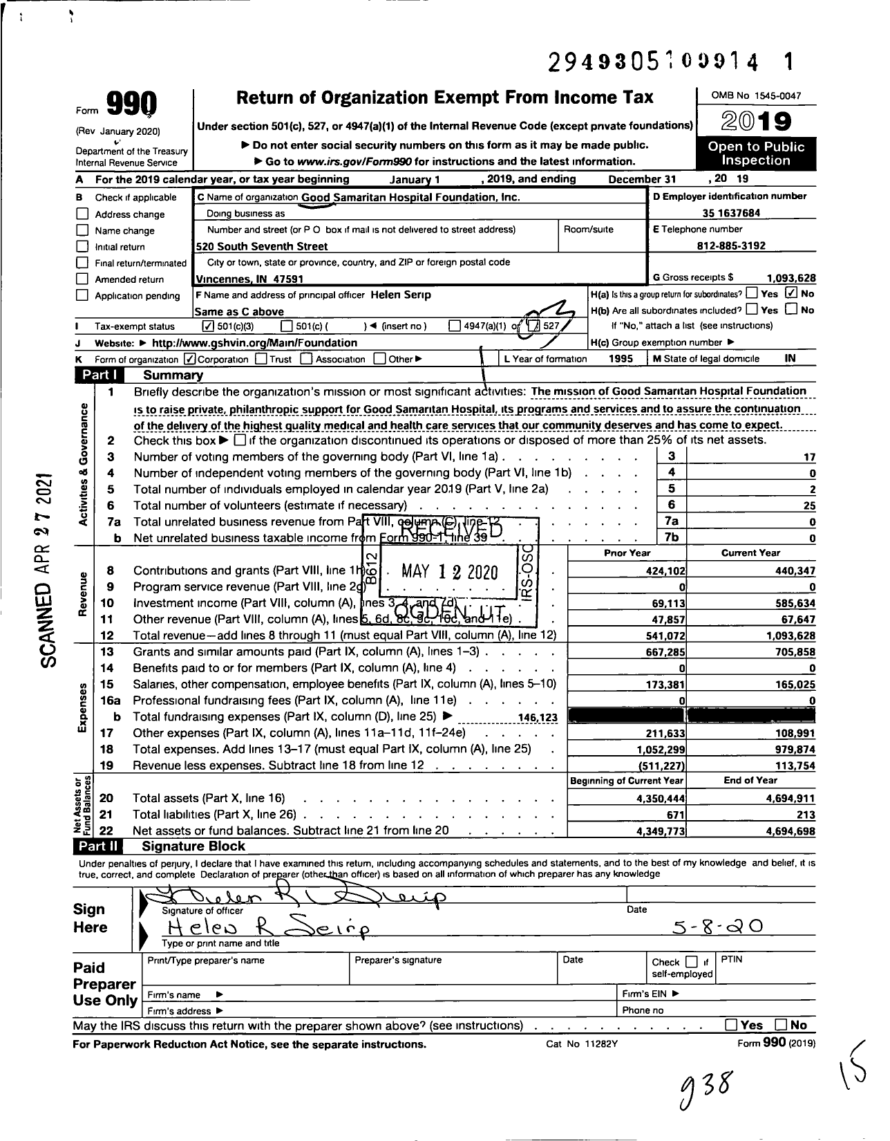 Image of first page of 2019 Form 990 for Good Samaritan Hospital Foundation
