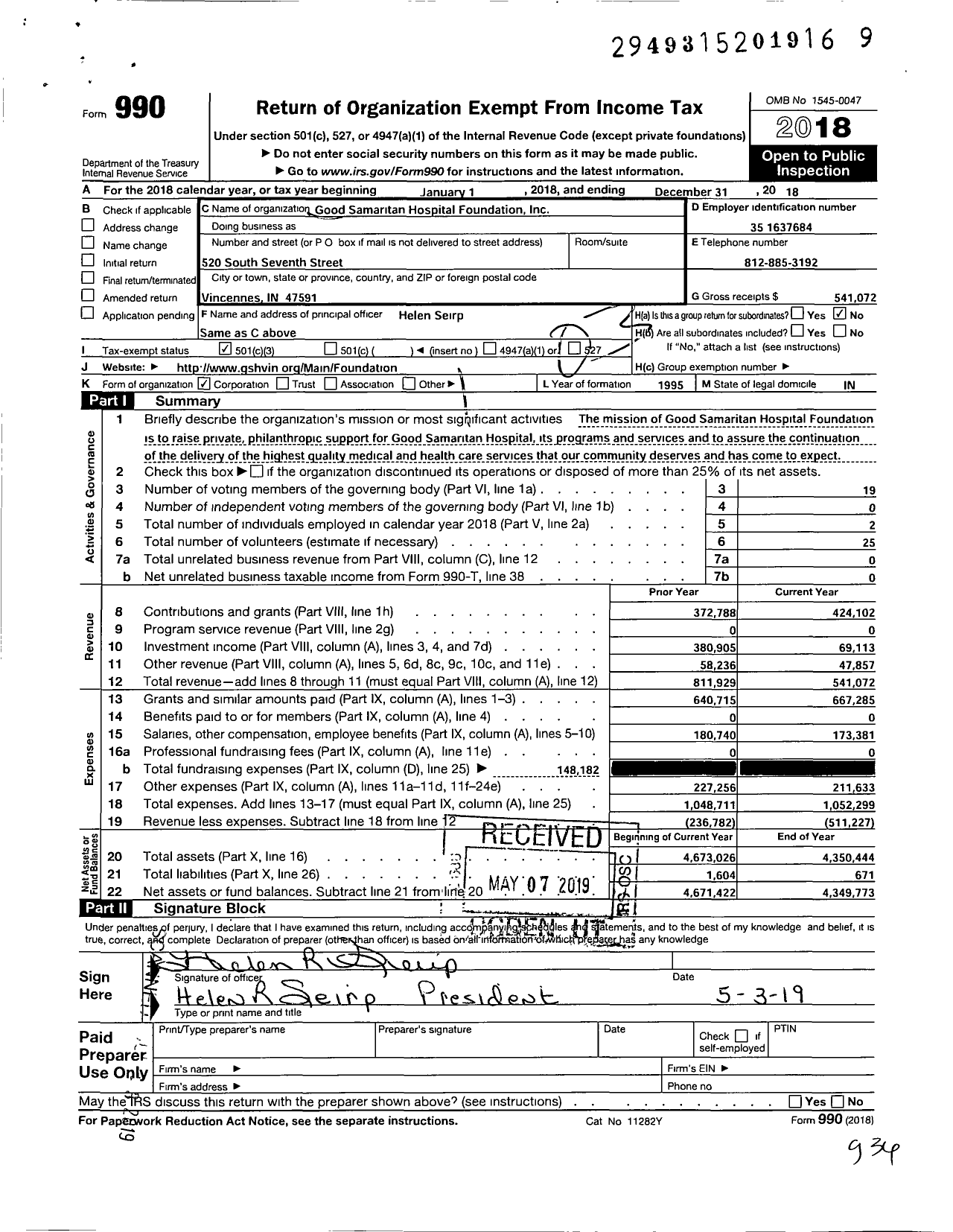 Image of first page of 2018 Form 990 for Good Samaritan Hospital Foundation