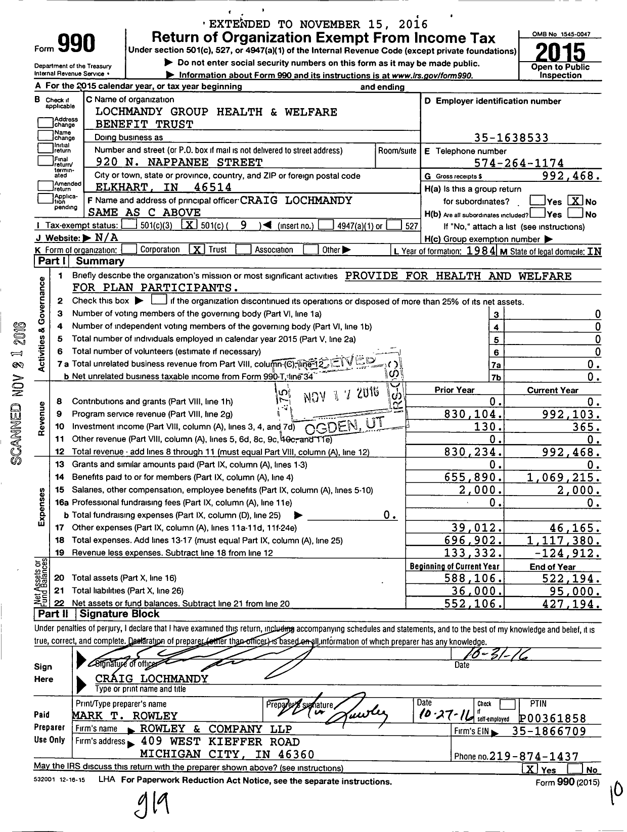 Image of first page of 2015 Form 990O for Lochmandy Group Health and Welfare Benefit Trust