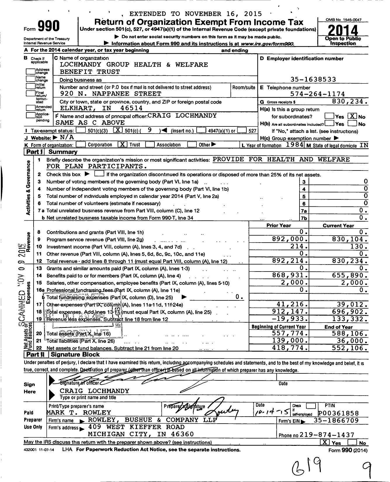 Image of first page of 2014 Form 990O for Lochmandy Group Health and Welfare Benefit Trust