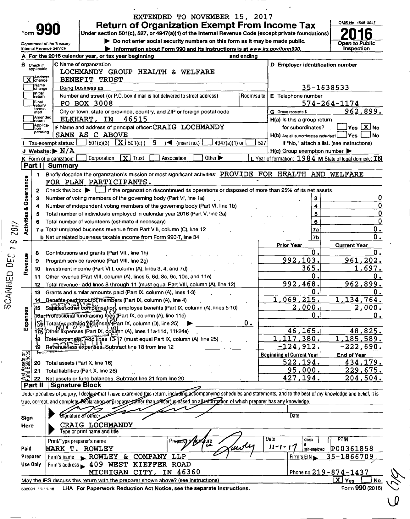 Image of first page of 2016 Form 990O for Lochmandy Group Health and Welfare Benefit Trust