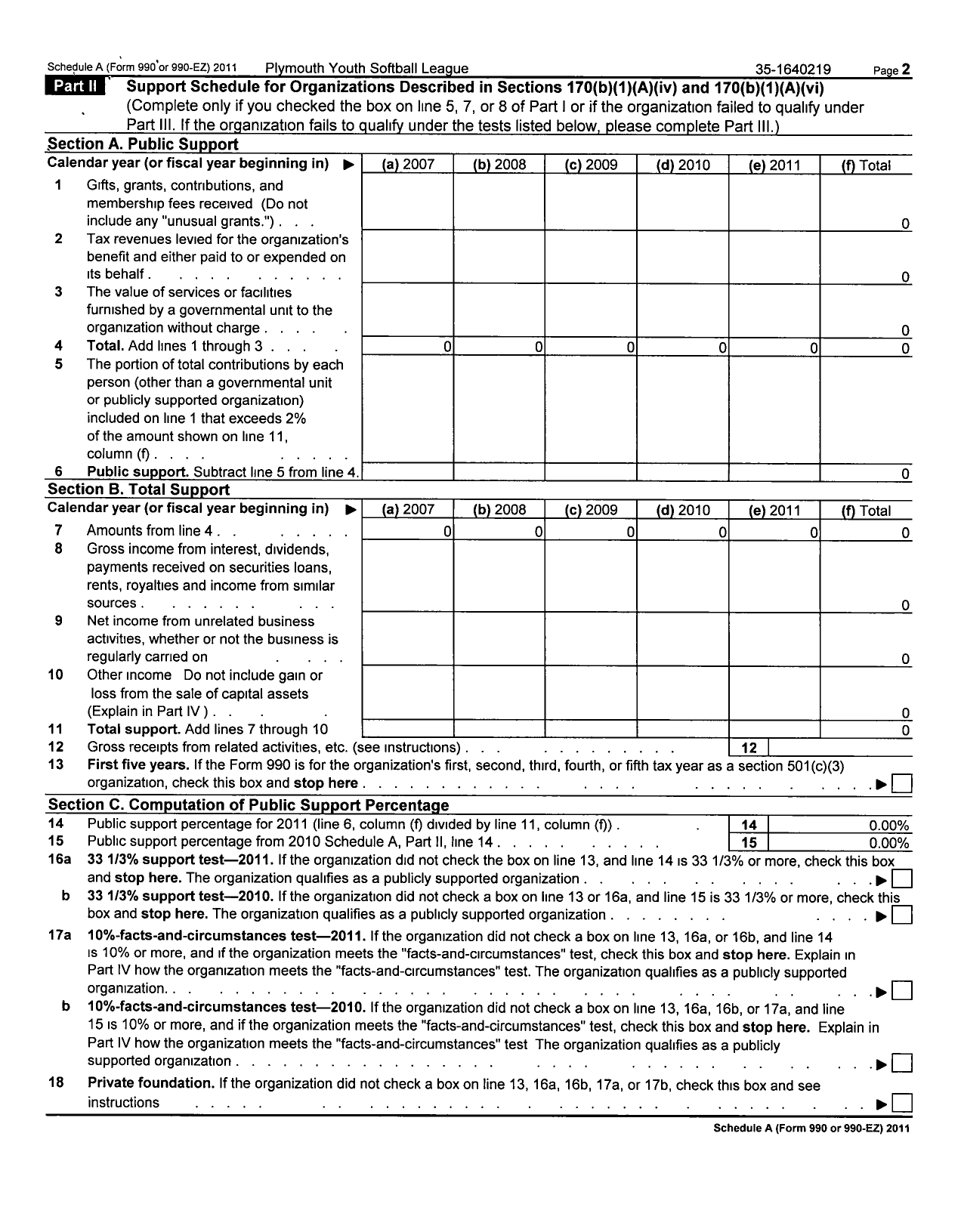 Image of first page of 2011 Form 990EZ for Plymouth Youth Softball League