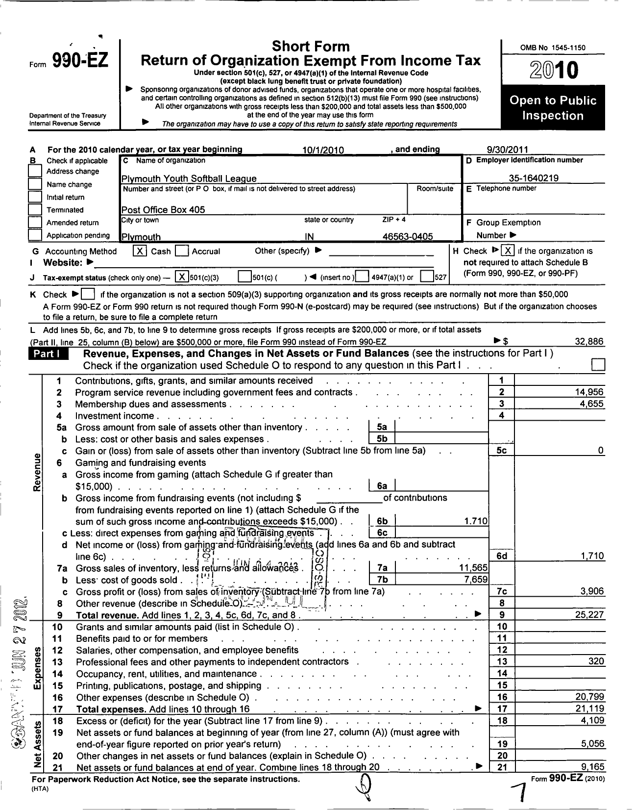 Image of first page of 2010 Form 990EZ for Plymouth Youth Softball League