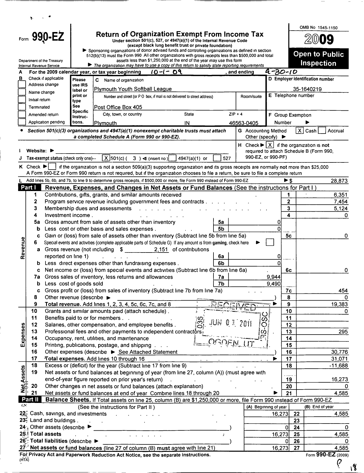 Image of first page of 2009 Form 990EZ for Plymouth Youth Softball League