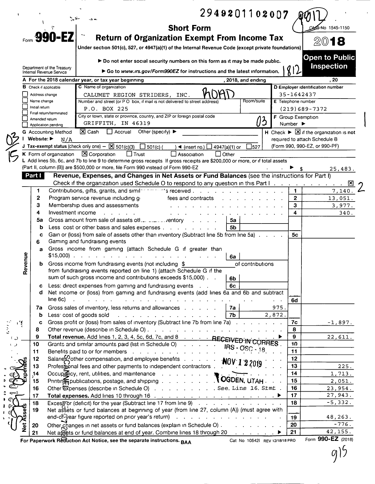 Image of first page of 2018 Form 990EZ for Calumet Region Striders