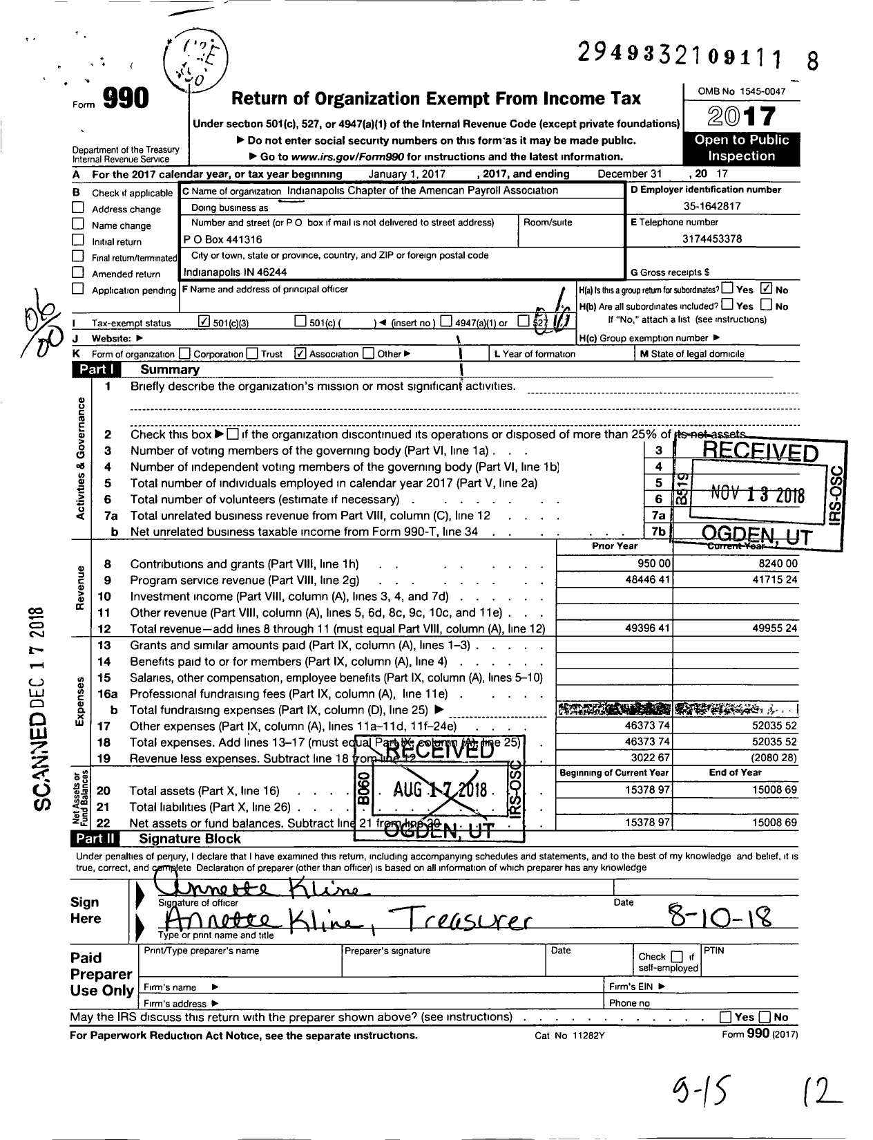 Image of first page of 2017 Form 990O for Indianapolis Chapter of the American Payroll Association