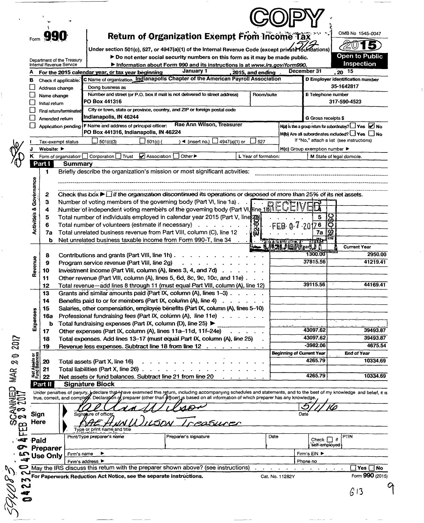 Image of first page of 2015 Form 990O for Indianapolis Chapter of the American Payroll Association