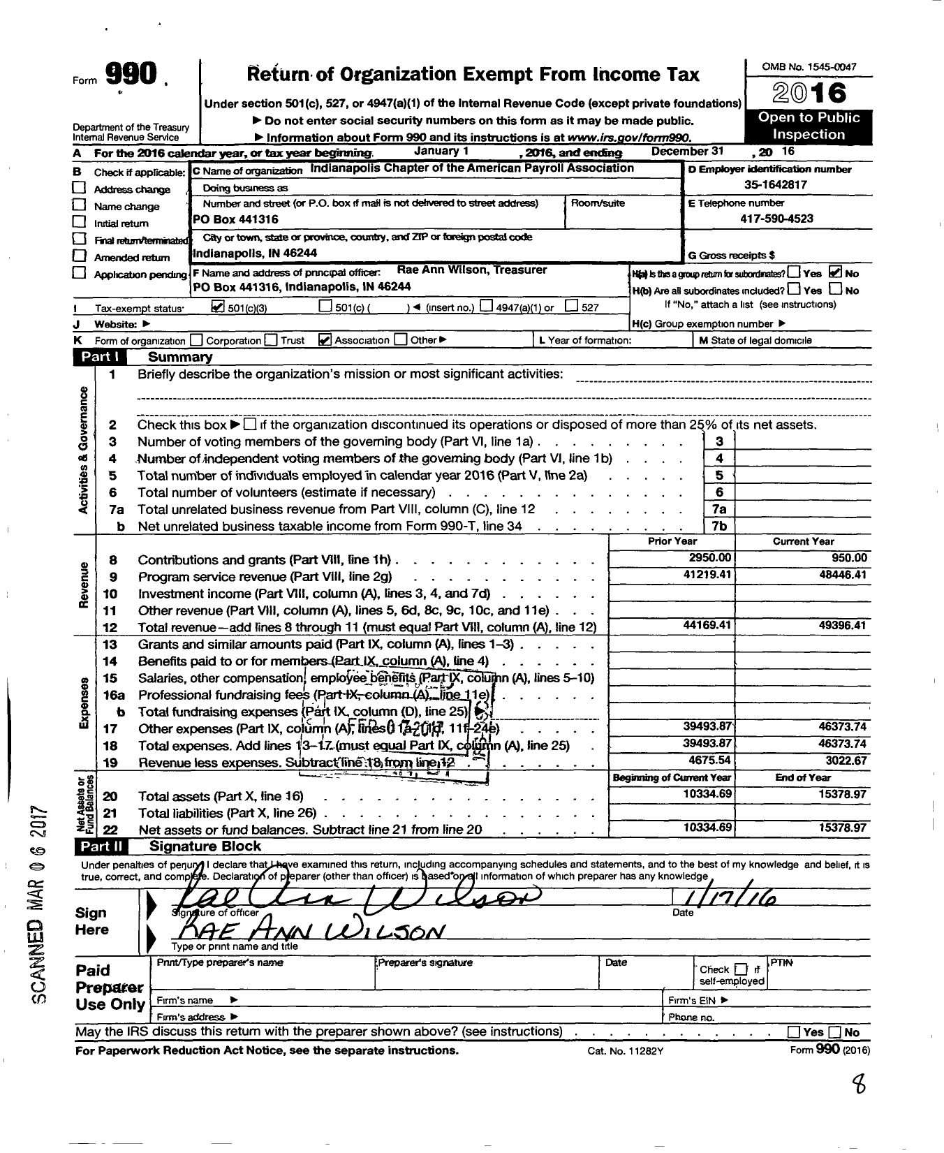 Image of first page of 2016 Form 990 for Indianapolis Chapter of the American Payroll Association