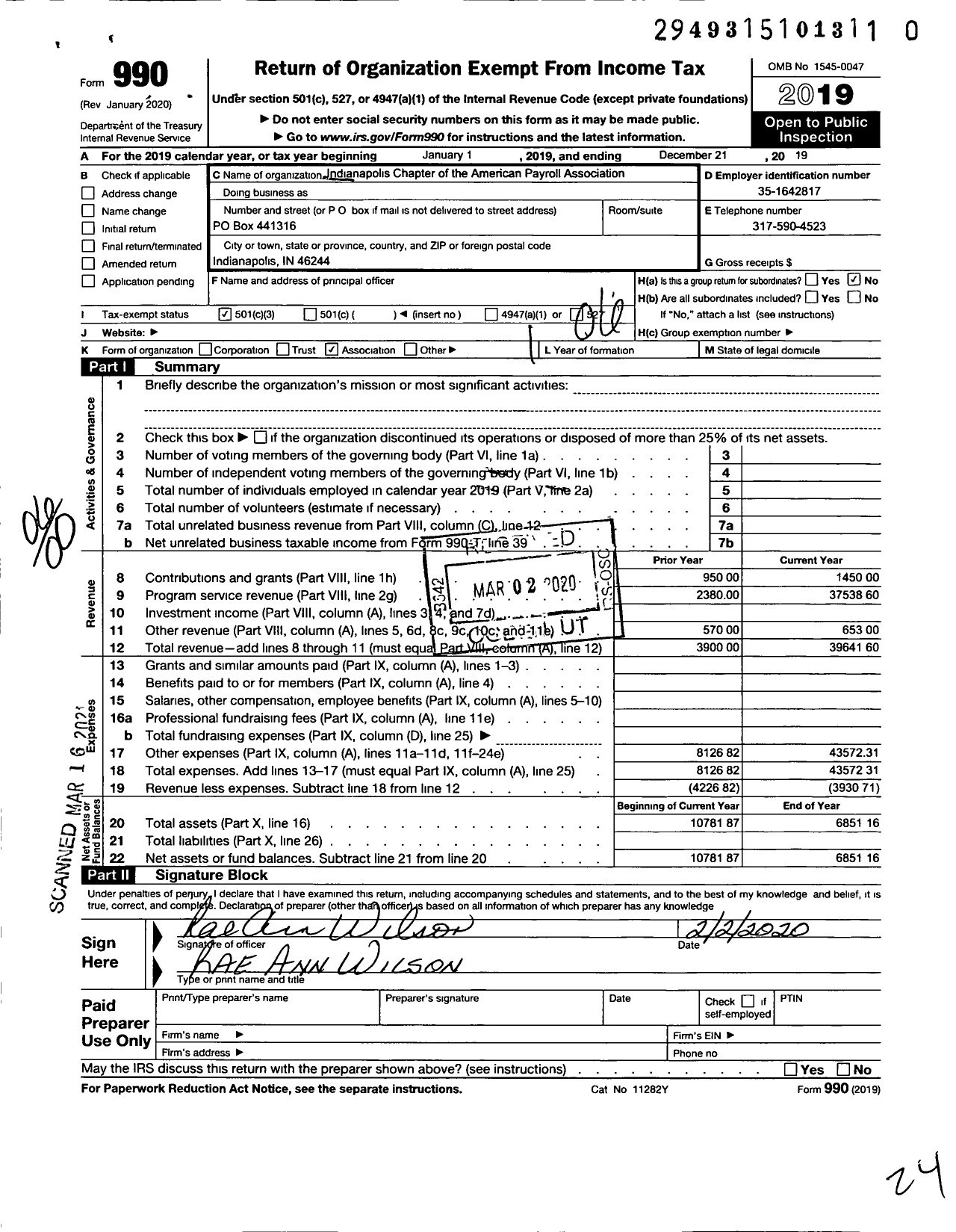 Image of first page of 2019 Form 990O for Indianapolis Chapter of the American Payroll Association