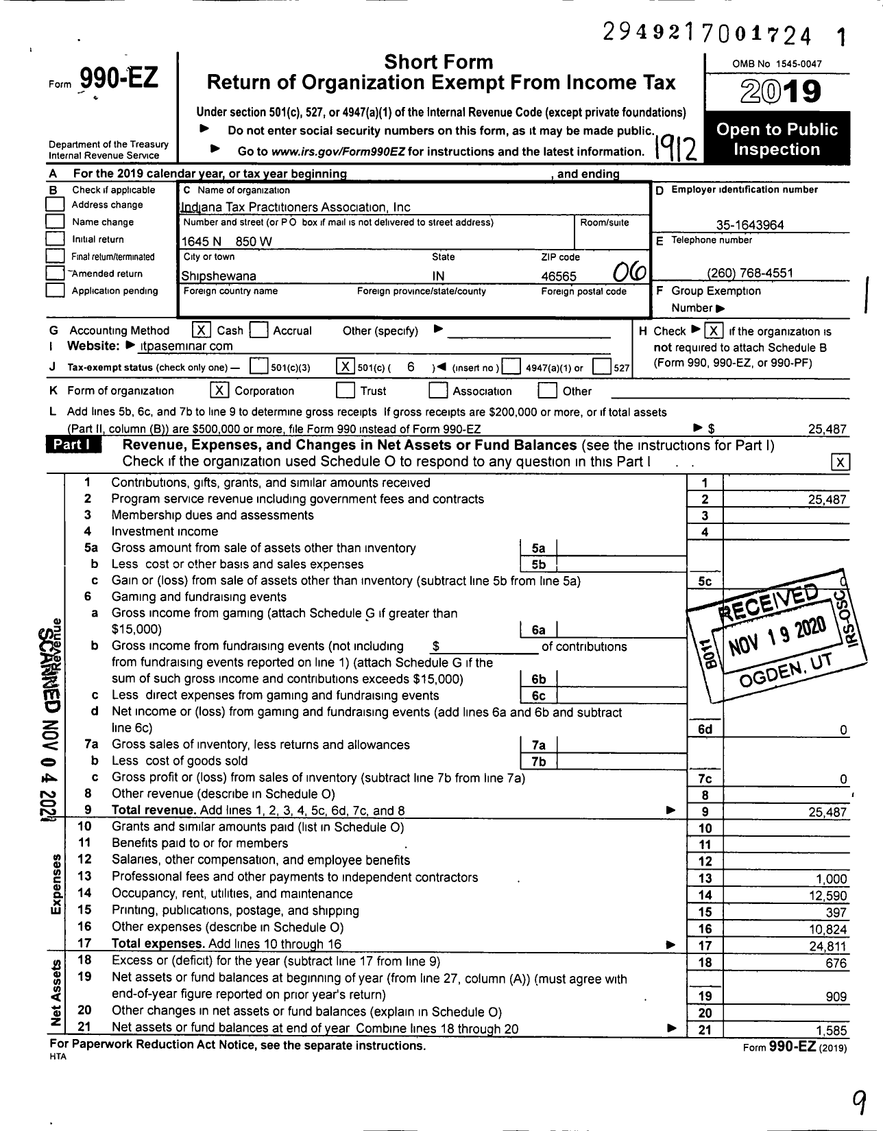 Image of first page of 2019 Form 990EO for Indiana Tax Practitioners Association