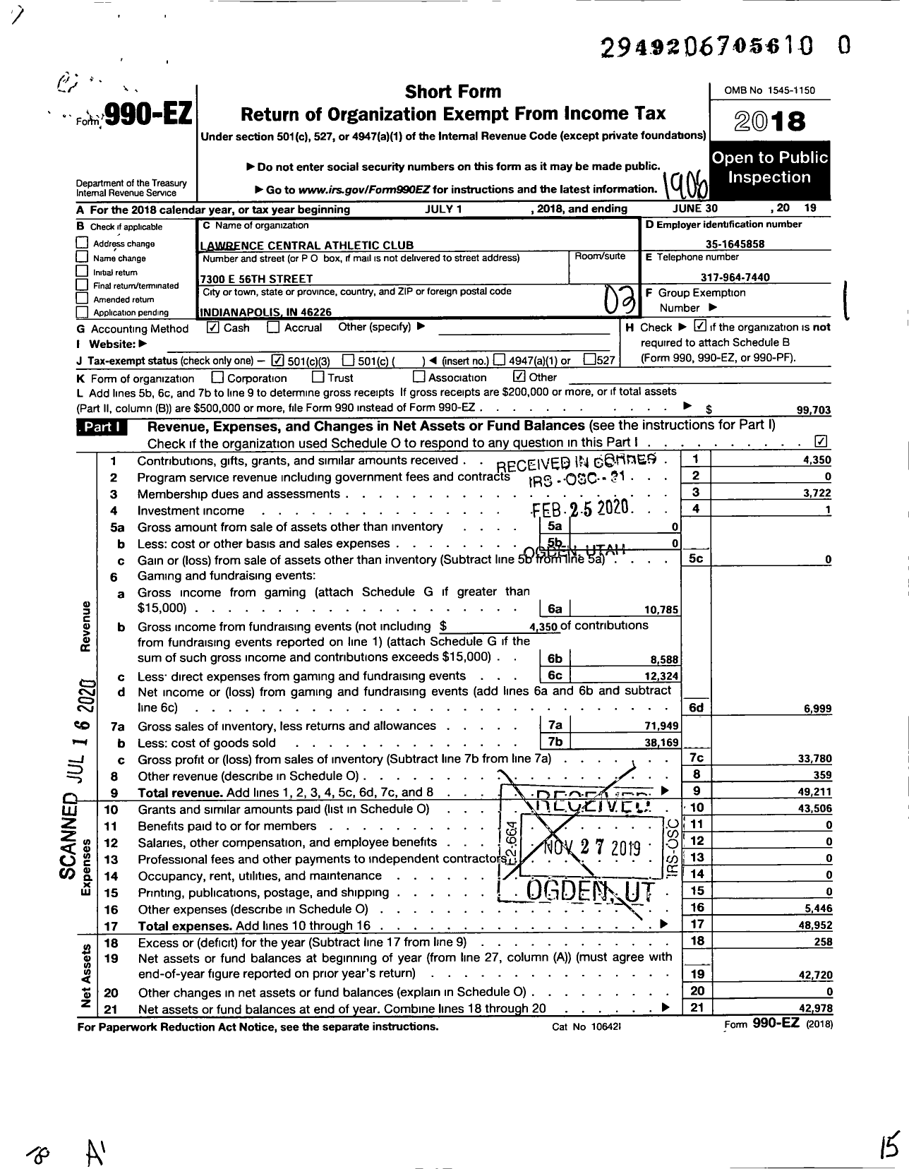 Image of first page of 2018 Form 990EZ for Bears Athletic Club