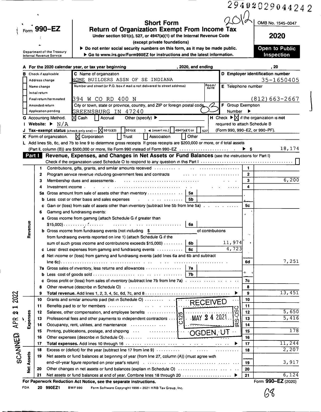 Image of first page of 2020 Form 990EZ for Builders Association of Southeastern Indiana