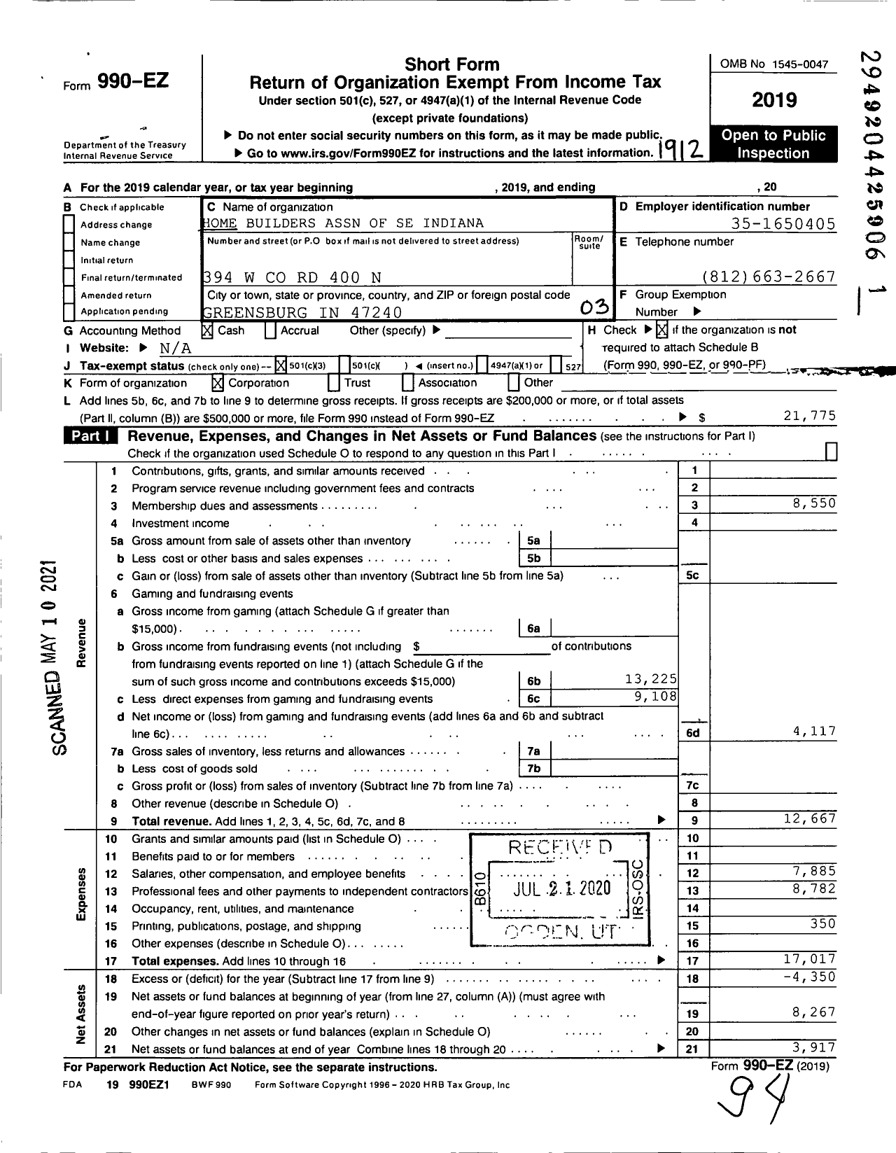 Image of first page of 2019 Form 990EZ for Builders Association of Southeastern Indiana