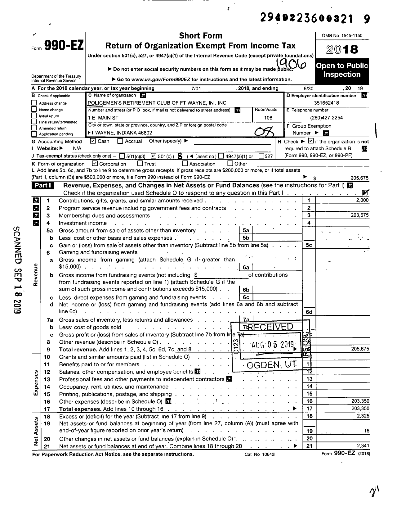 Image of first page of 2018 Form 990EO for Policemens Retirement Club of Ft Wayne