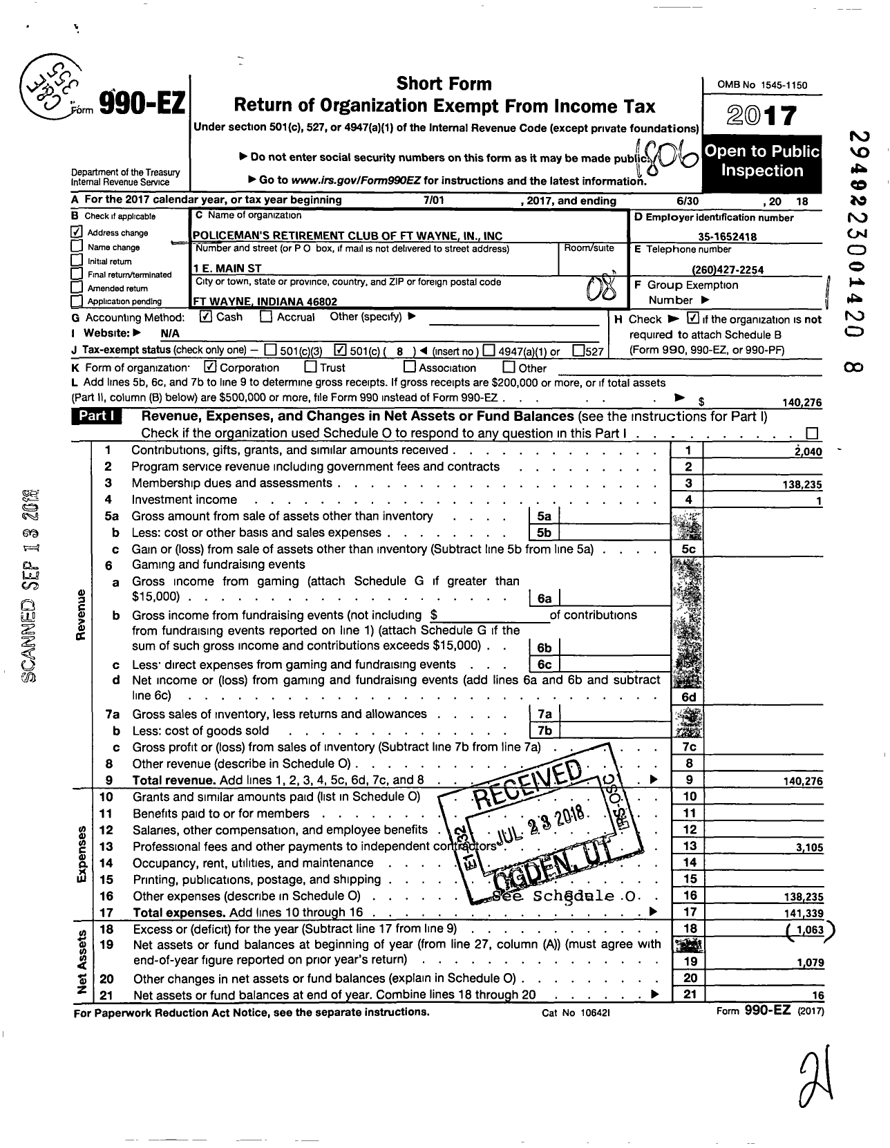 Image of first page of 2017 Form 990EO for Policemens Retirement Club of Ft Wayne