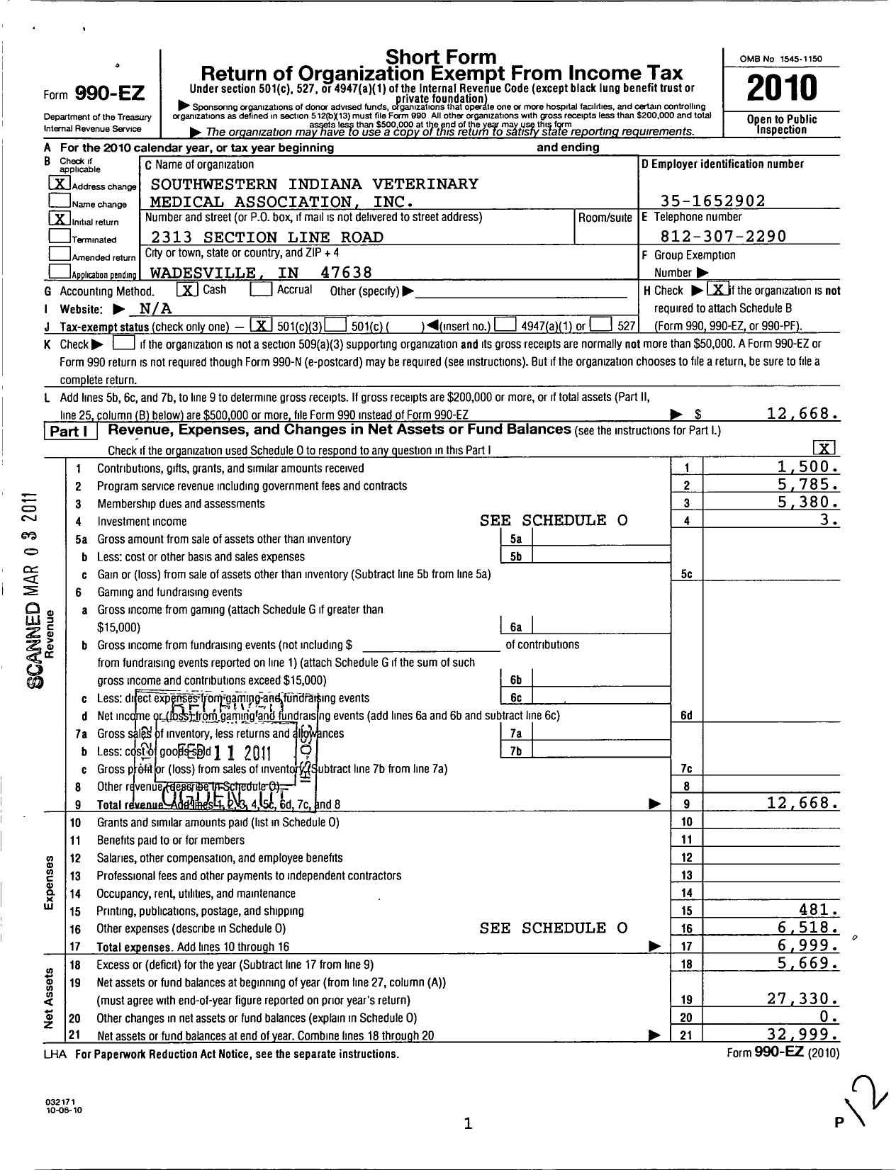 Image of first page of 2010 Form 990EZ for Southwestern Indiana Veterinary Medical Association