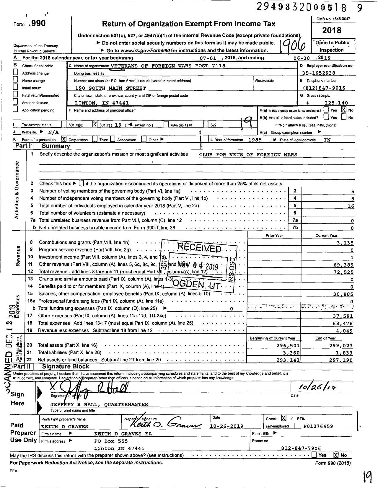 Image of first page of 2018 Form 990O for VFW Department of Indiana - 7118 Linton Post