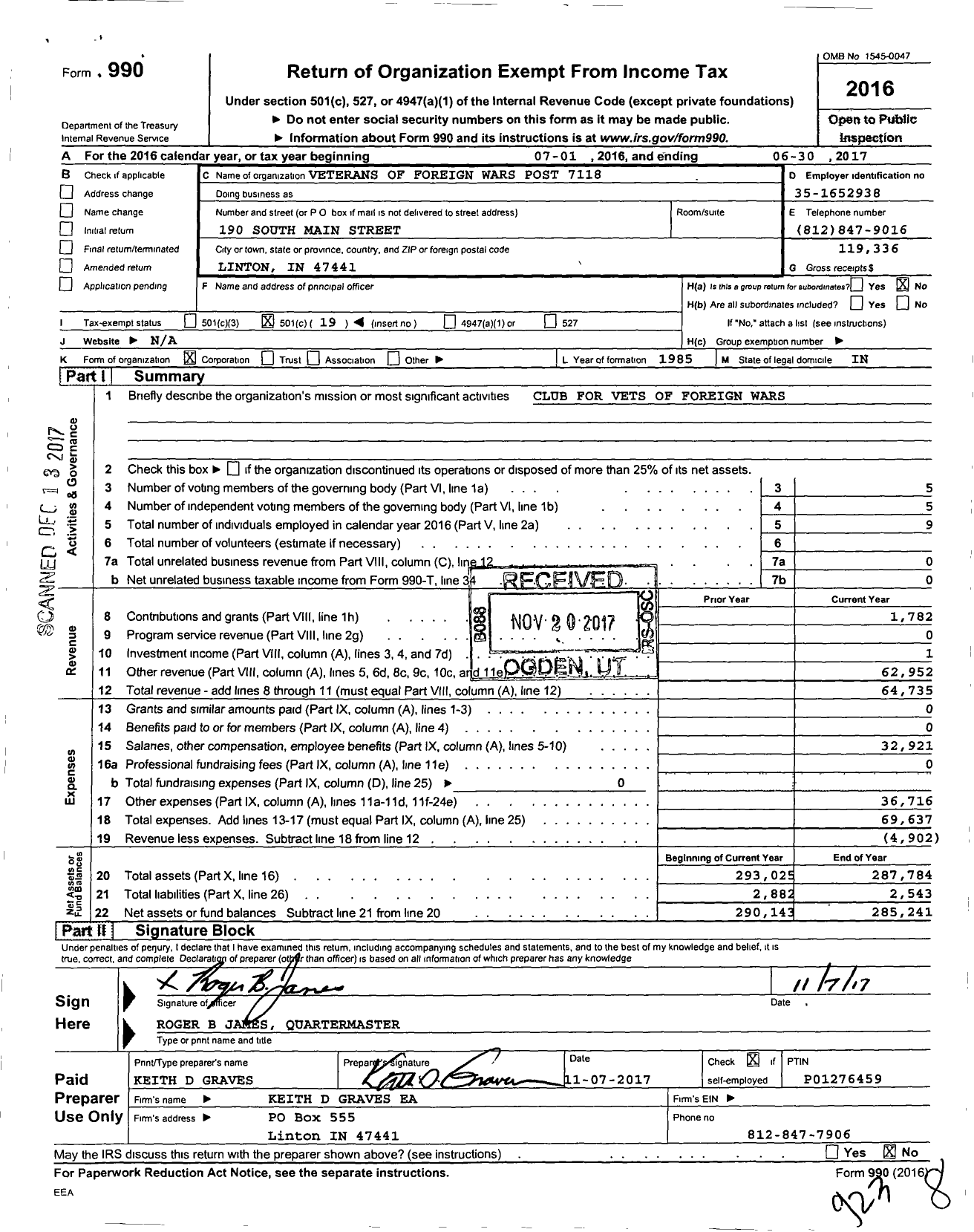 Image of first page of 2016 Form 990O for VFW Department of Indiana - 7118 Linton Post