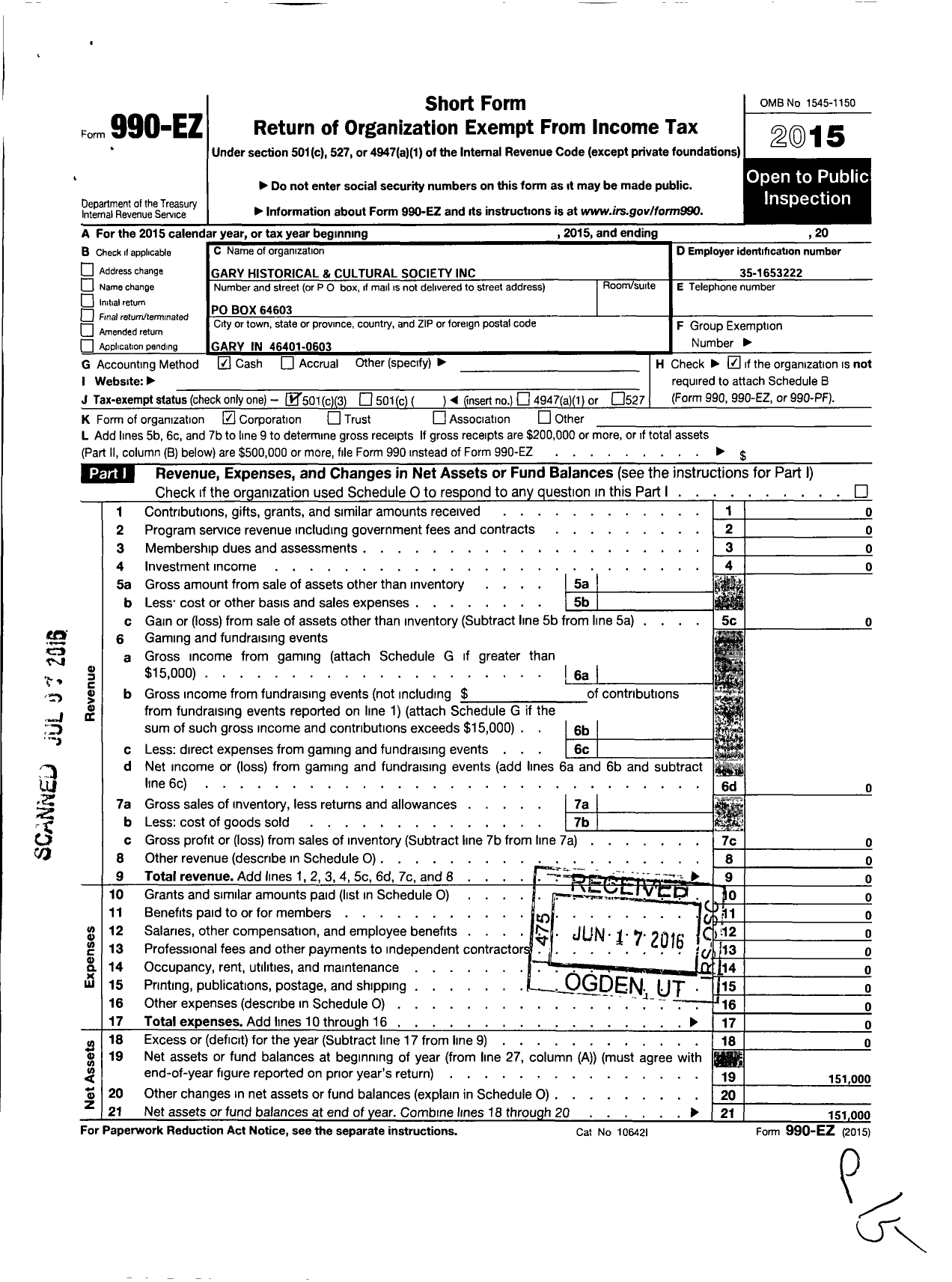 Image of first page of 2015 Form 990EZ for Gary Historical and Cultural Society