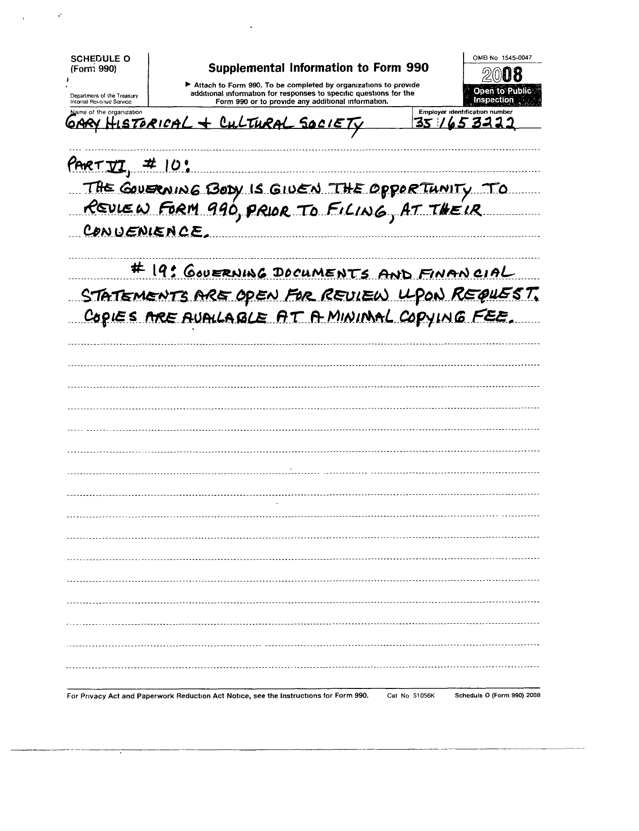 Image of first page of 2008 Form 990R for Gary Historical and Cultural Society