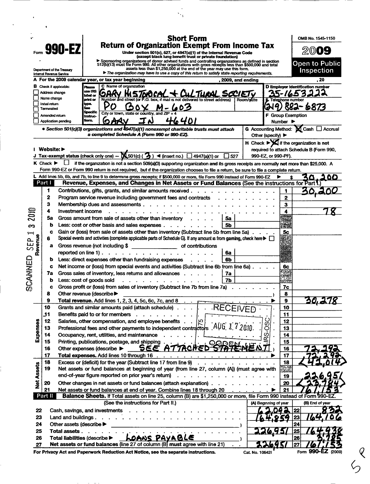 Image of first page of 2009 Form 990EZ for Gary Historical and Cultural Society