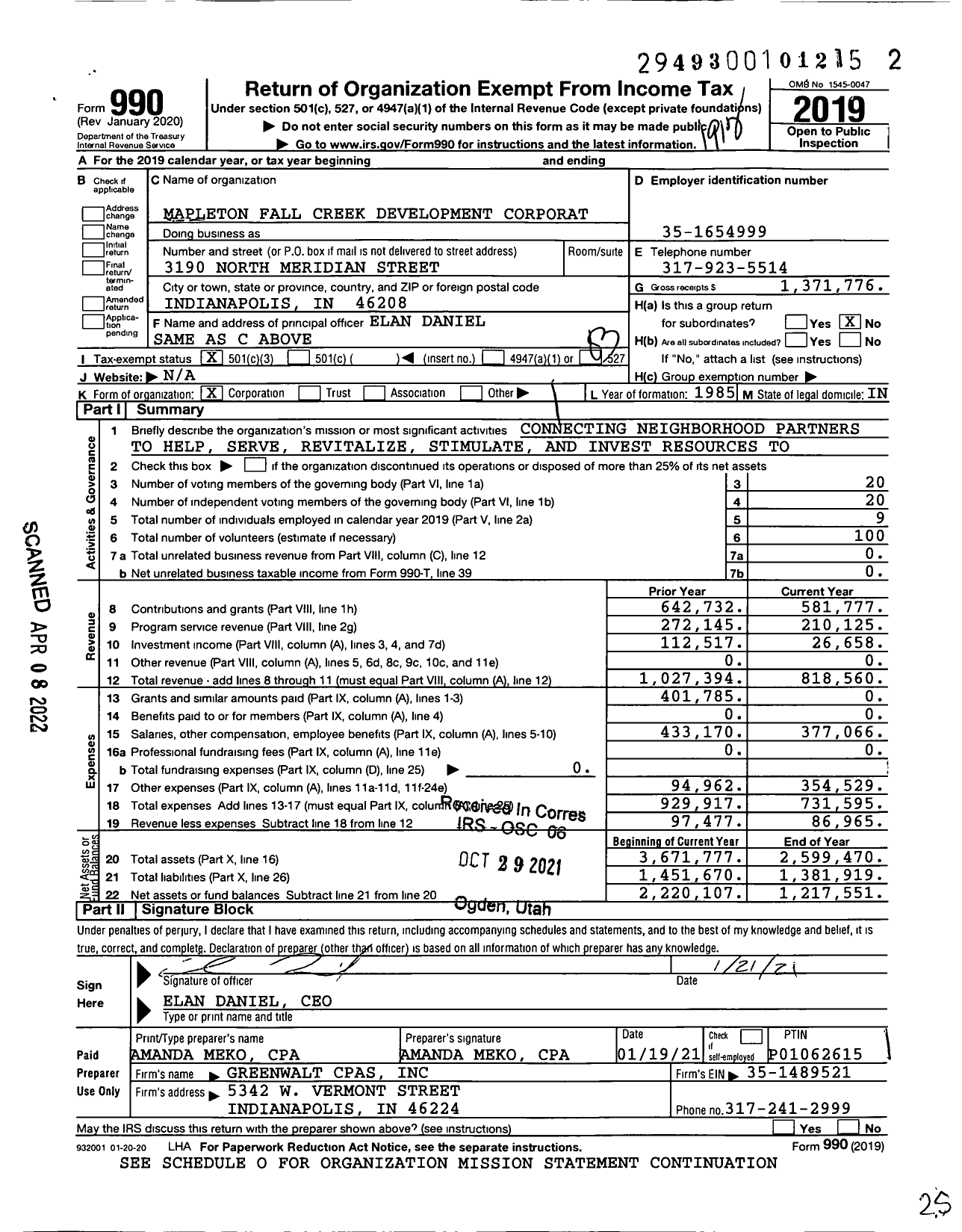 Image of first page of 2019 Form 990 for Mapleton Fall Creek Development Corporation (MFCDC)