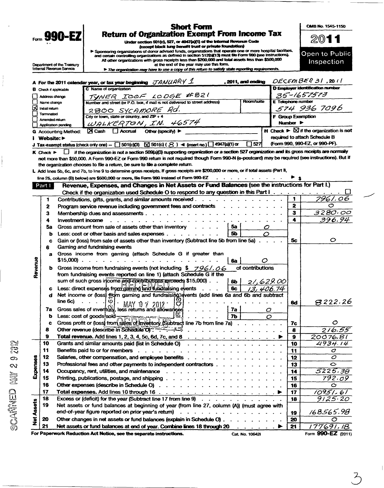 Image of first page of 2011 Form 990EO for Independent Order of Odd Fellows - 821 Tyner Lodge