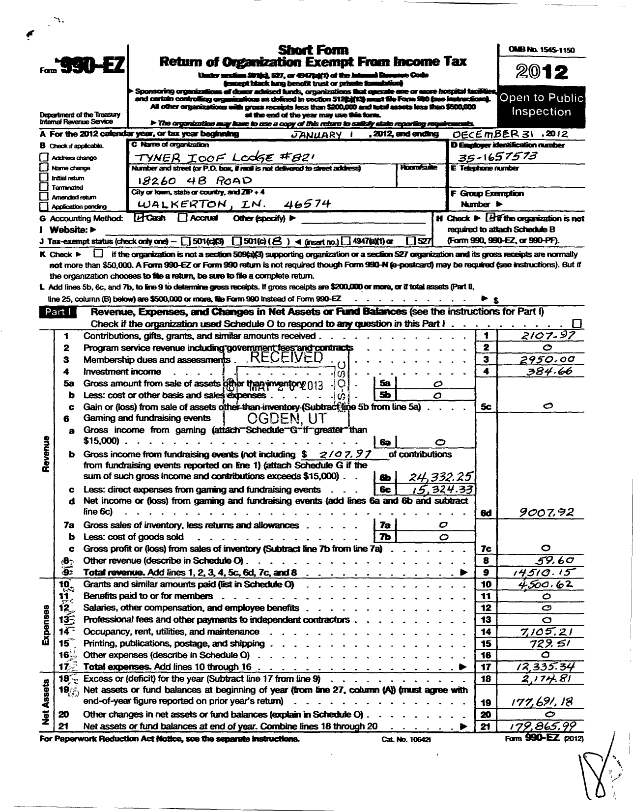 Image of first page of 2012 Form 990EO for Independent Order of Odd Fellows - 821 Tyner Lodge