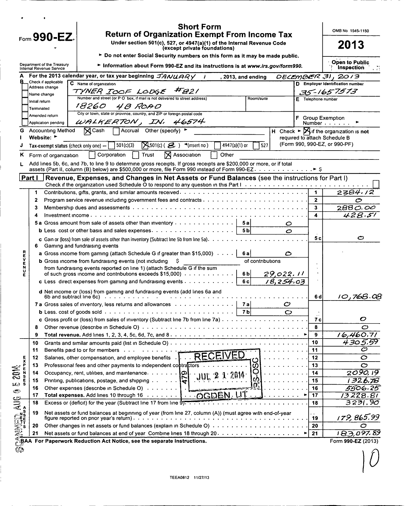 Image of first page of 2013 Form 990EO for Independent Order of Odd Fellows - 821 Tyner Lodge