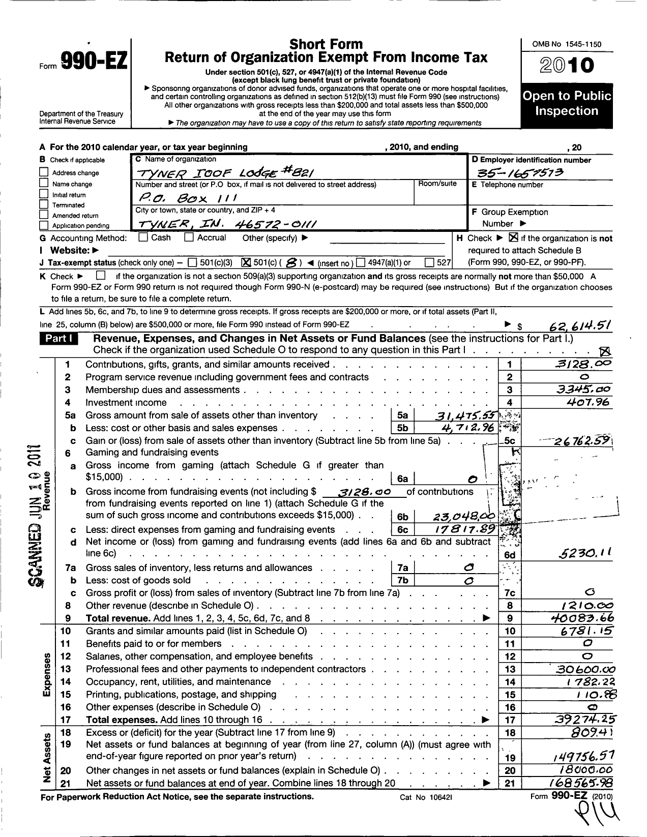 Image of first page of 2010 Form 990EO for Independent Order of Odd Fellows - 821 Tyner Lodge