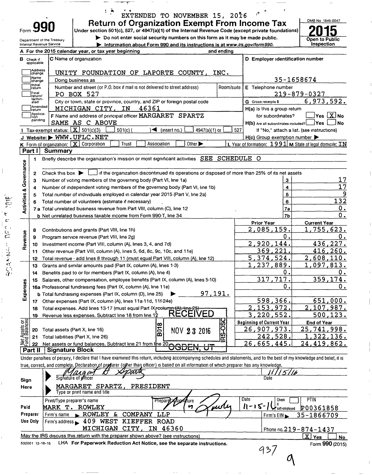 Image of first page of 2015 Form 990 for Unity Foundation of La Porte County