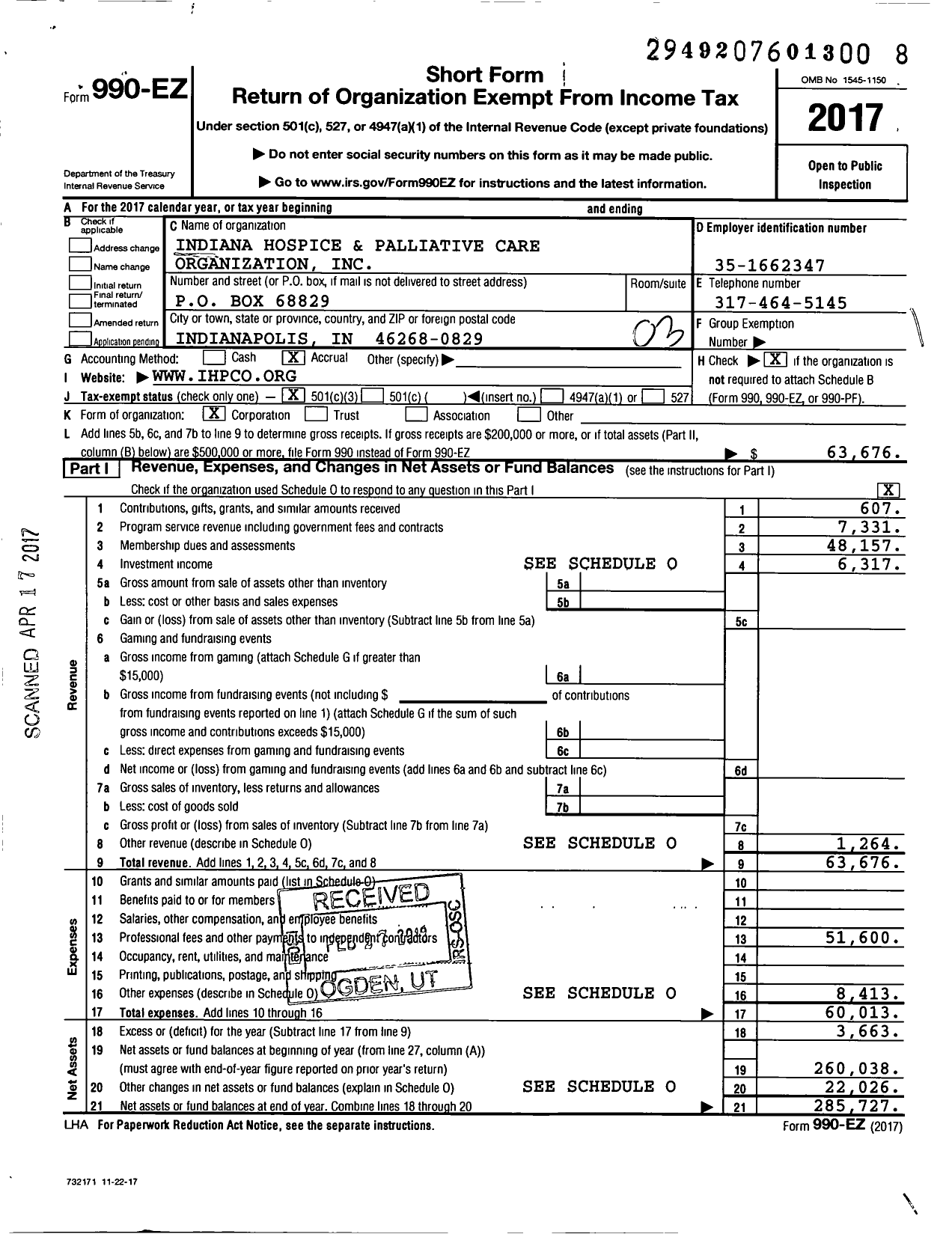 Image of first page of 2017 Form 990EZ for Indiana Hospice and Palliative Care Organization