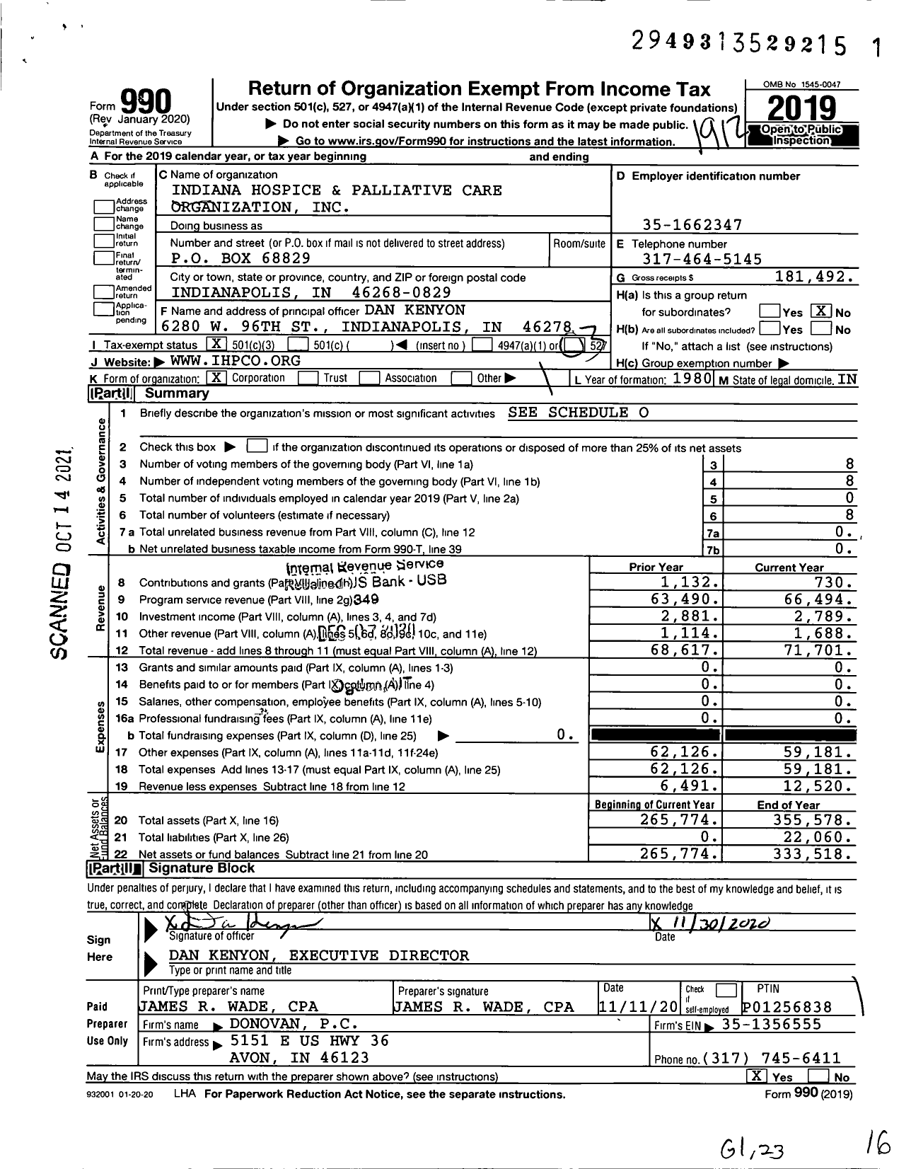 Image of first page of 2019 Form 990 for Indiana Hospice and Palliative Care Organization