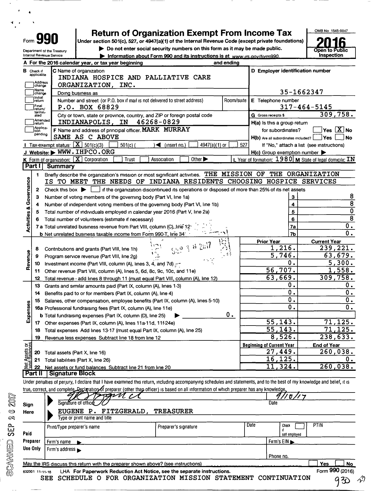 Image of first page of 2016 Form 990 for Indiana Hospice and Palliative Care Organization